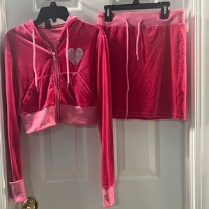 Pink Velvet Heart Hoodie and Skirt Set